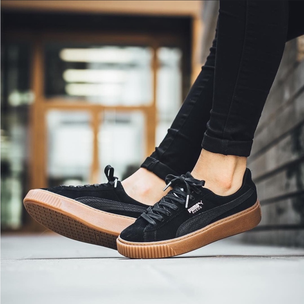 Puma Suede Platform Black and Gold/Tan Sneakers